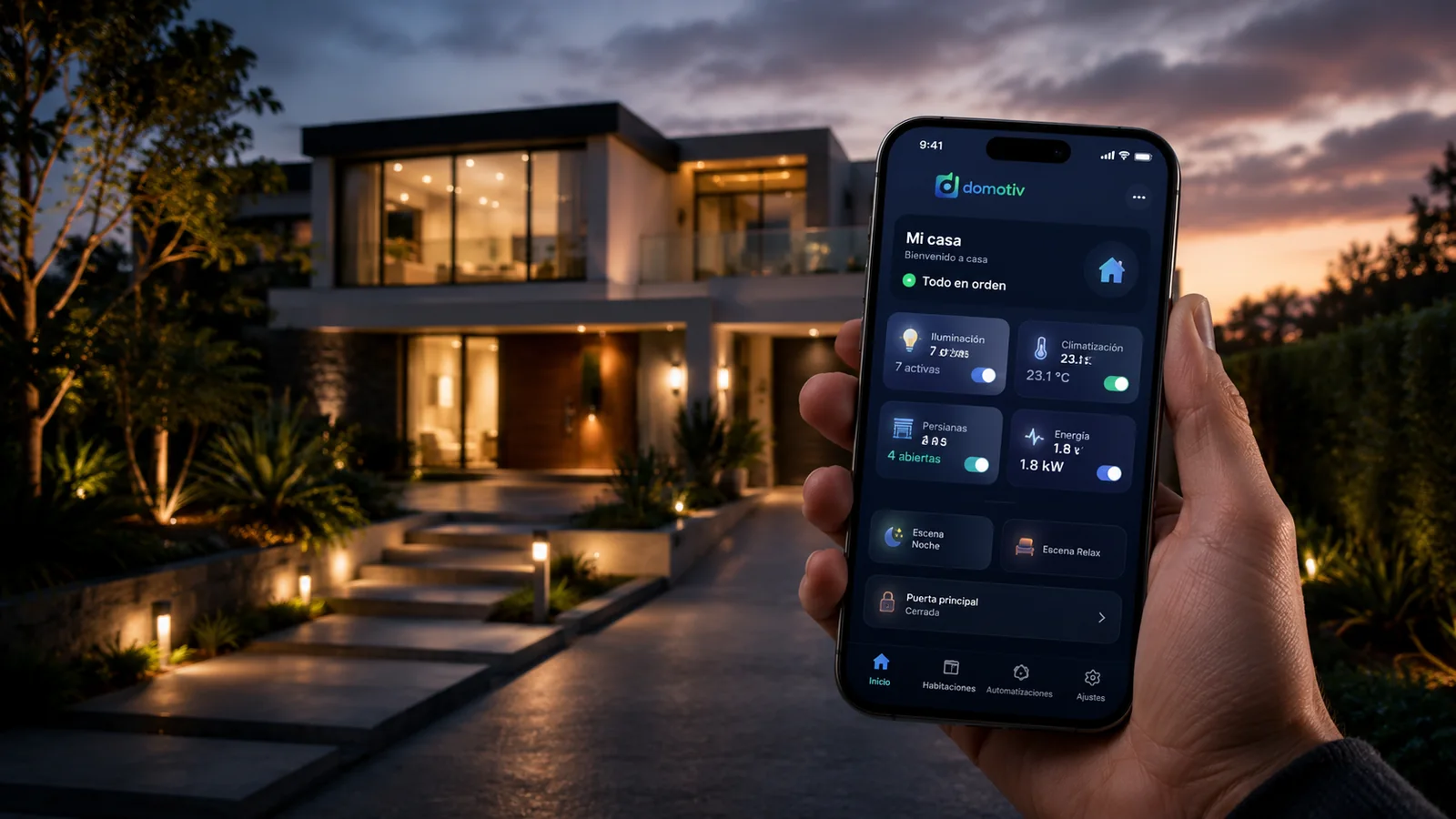 Casa moderna automatizada controlada desde una interfaz domotiv en un teléfono