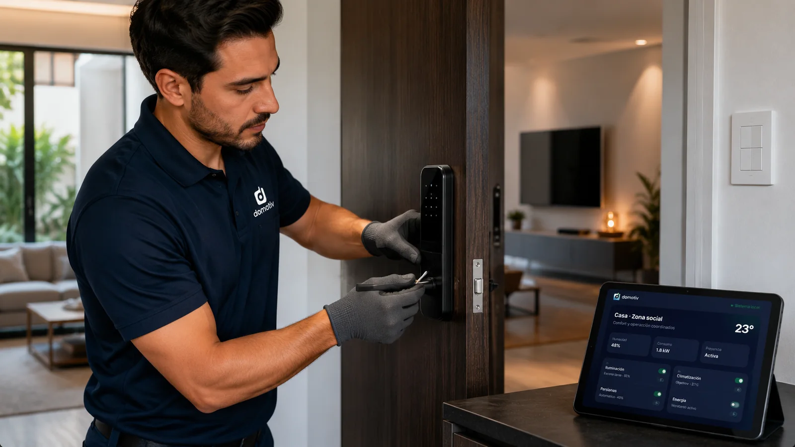 Instalador domotiv integrando una cerradura inteligente en una vivienda existente