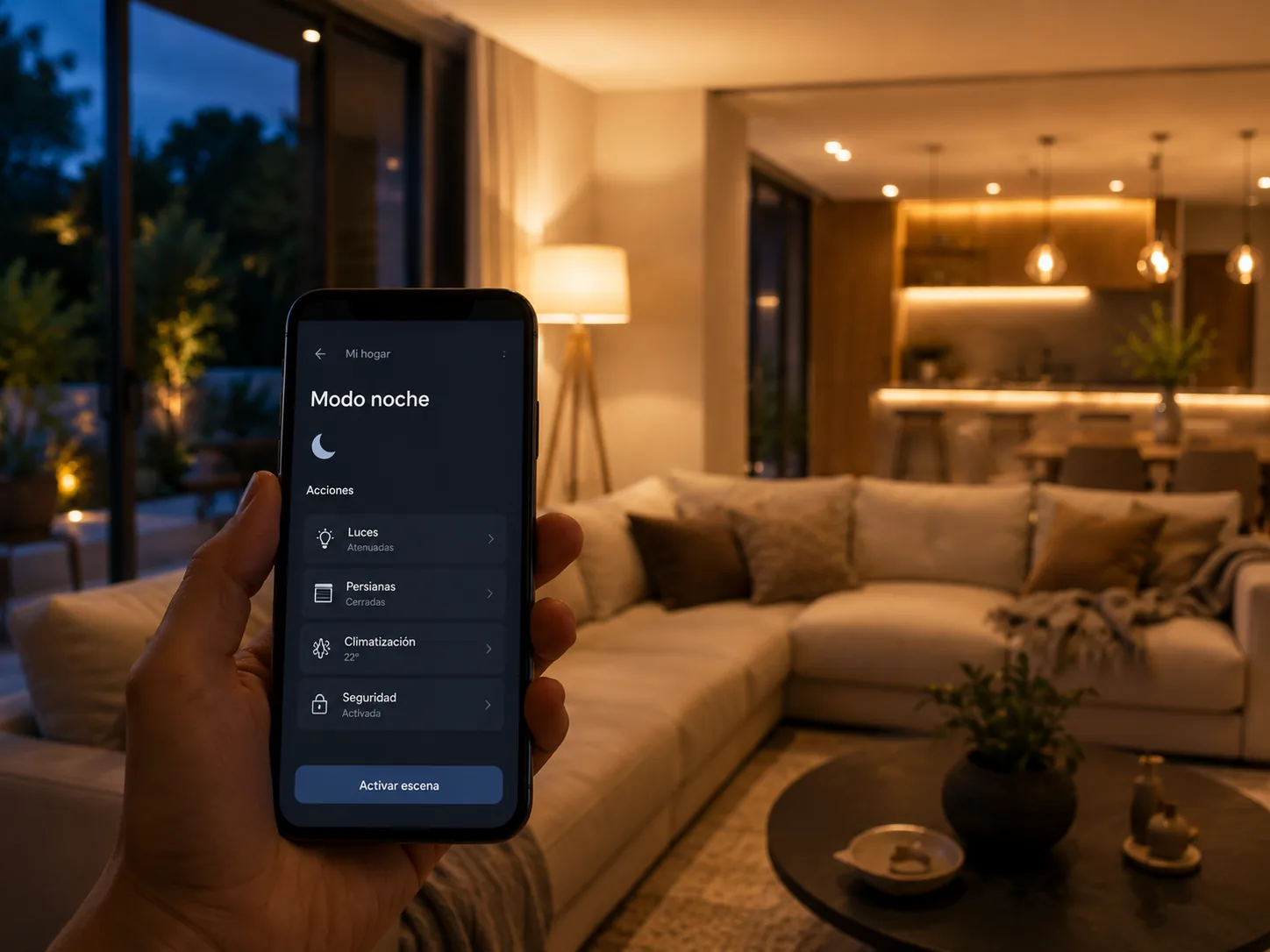 Teléfono activando una escena de casa inteligente